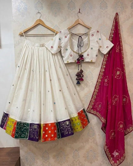 Roman Silk Embroidered Navratri Lehenga Choli Set | Aari Mirror Work & Vintage Dupatta | Garba & Festive Wear - Rosepetals Luxe