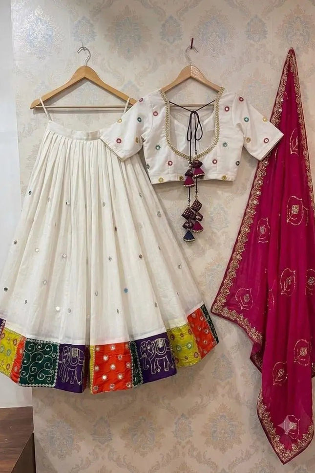 Roman Silk Embroidered Navratri Lehenga Choli Set | Aari Mirror Work & Vintage Dupatta | Garba & Festive Wear - Rosepetals Luxe
