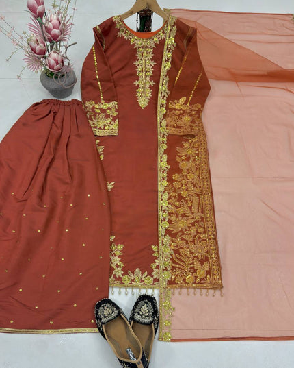 Roman Silk Embroidered Sharara Suit Set with Net Dupatta - Rosepetals Luxe