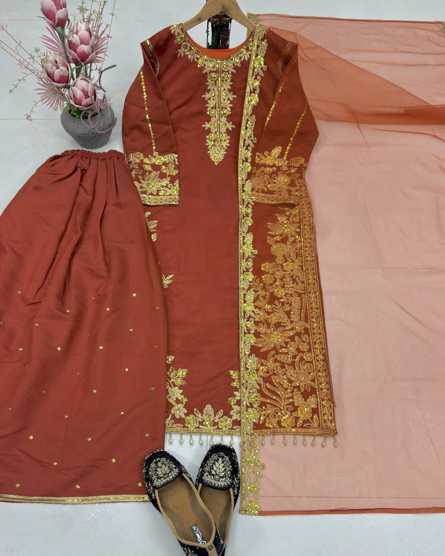 Roman Silk Embroidered Sharara Suit Set with Net Dupatta - Rosepetals Luxe
