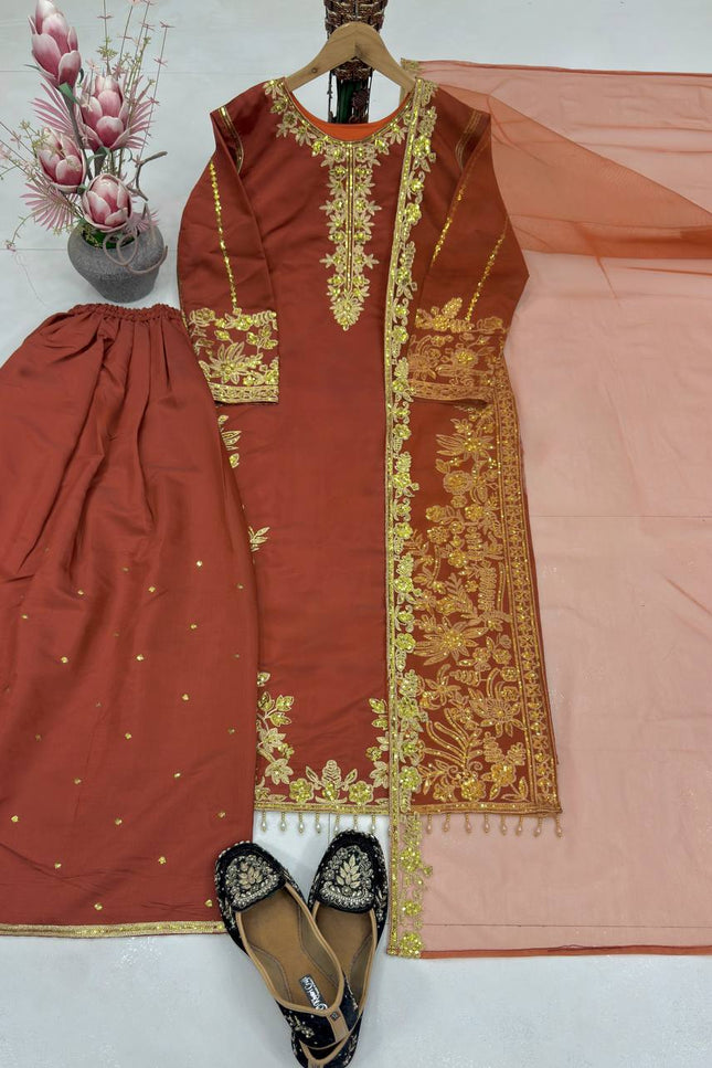 Roman Silk Embroidered Sharara Suit Set with Net Dupatta - Rosepetals Luxe
