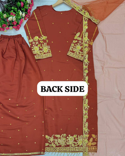 Roman Silk Embroidered Sharara Suit Set with Net Dupatta - Rosepetals Luxe