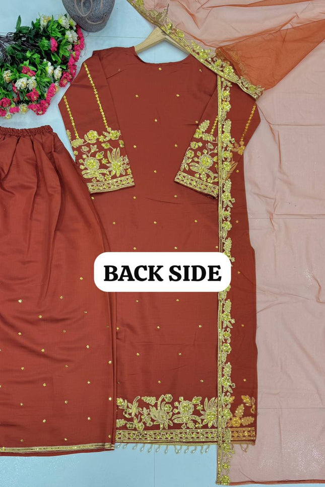 Roman Silk Embroidered Sharara Suit Set with Net Dupatta - Rosepetals Luxe