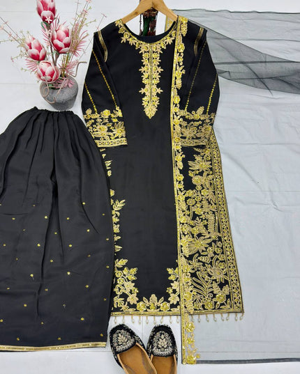 Roman Silk Embroidered Sharara Suit Set with Net Dupatta - Rosepetals Luxe