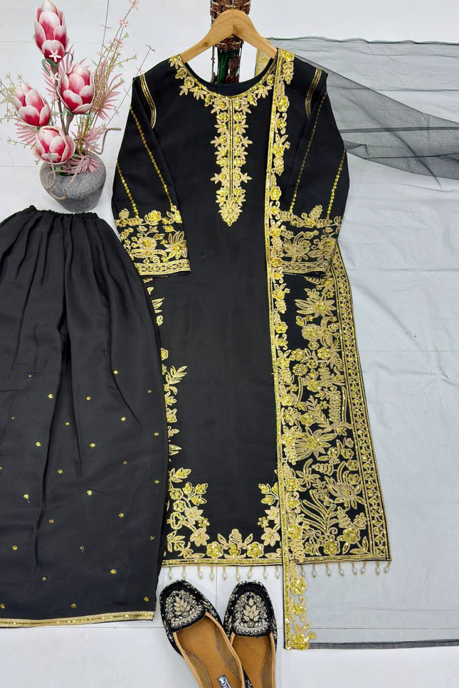 Roman Silk Embroidered Sharara Suit Set with Net Dupatta - Rosepetals Luxe