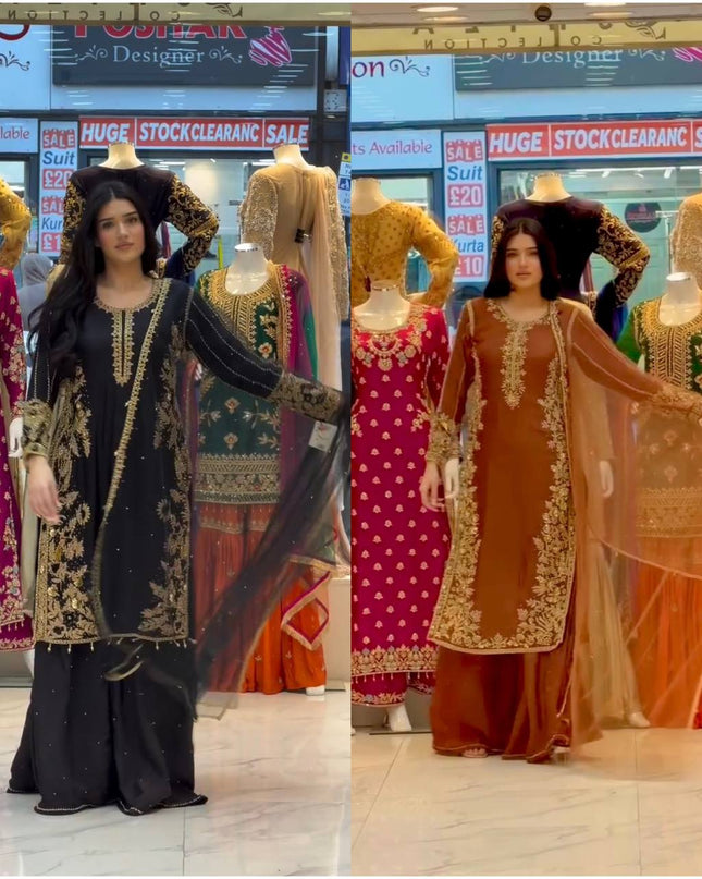 Roman Silk Embroidered Sharara Suit Set with Net Dupatta - Rosepetals Luxe