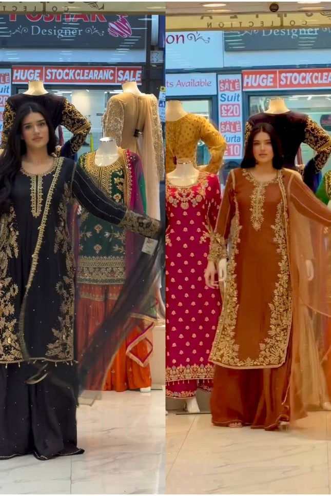 Roman Silk Embroidered Sharara Suit Set with Net Dupatta - Rosepetals Luxe