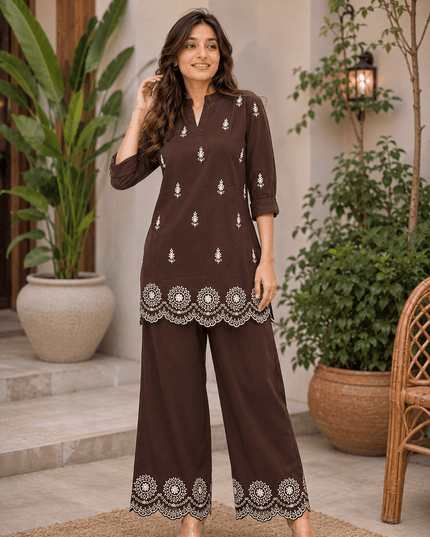 Roman Silk Embroidered Straight Fit Co-ord Set | Kurta & Pant - Rosepetals Luxe