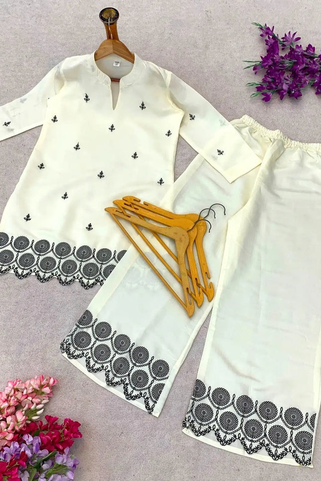 Roman Silk Embroidered Straight Fit Co-ord Set | Kurta & Pant - Rosepetals Luxe
