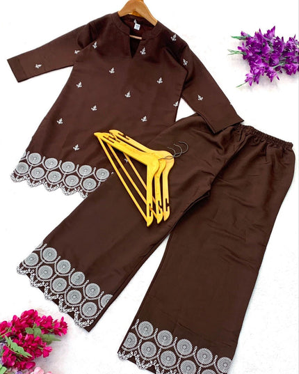 Roman Silk Embroidered Straight Fit Co-ord Set | Kurta & Pant - Rosepetals Luxe
