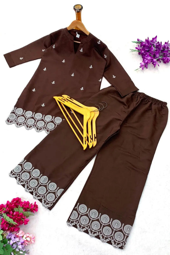 Roman Silk Embroidered Straight Fit Co-ord Set | Kurta & Pant - Rosepetals Luxe