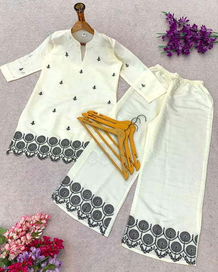 Roman Silk Embroidered Straight Fit Co-ord Set | Kurta & Pant - Rosepetals Luxe