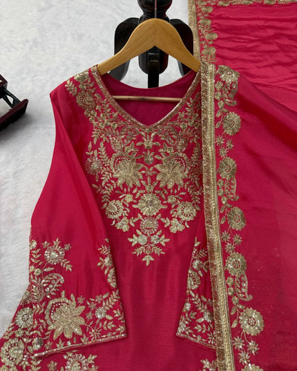 Roman Silk Kurta Palazzo Set | Thread & Sequence Work | Faux Georgette Dupatta - Rosepetals Luxe