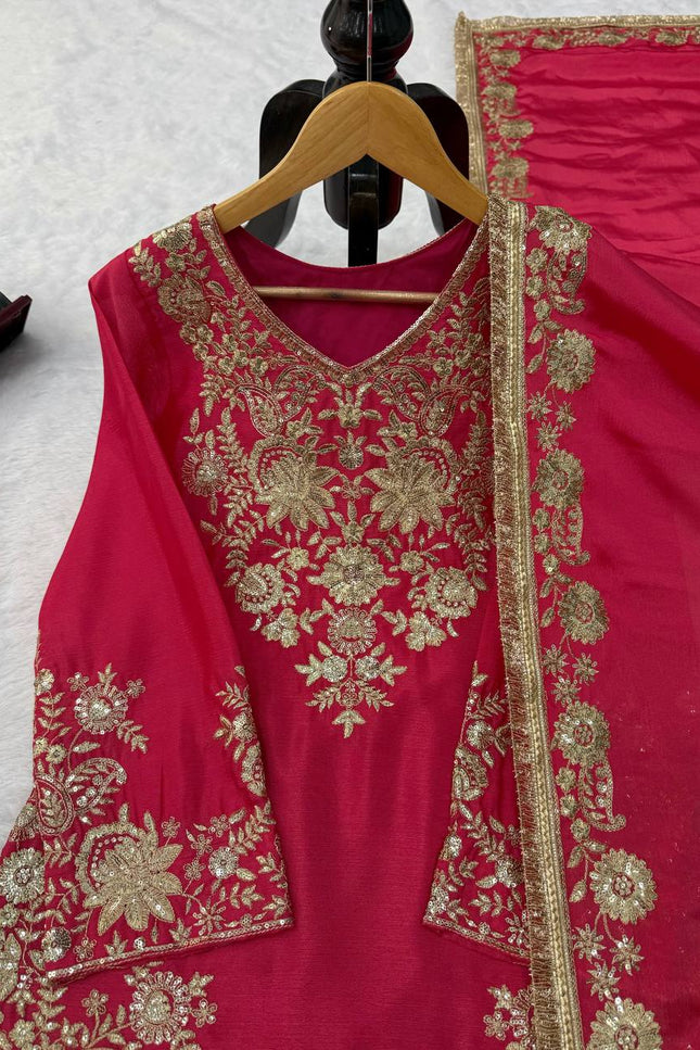 Roman Silk Kurta Palazzo Set | Thread & Sequence Work | Faux Georgette Dupatta - Rosepetals Luxe