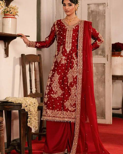Roman Silk Kurta Palazzo Set | Thread & Sequence Work | Faux Georgette Dupatta - Rosepetals Luxe