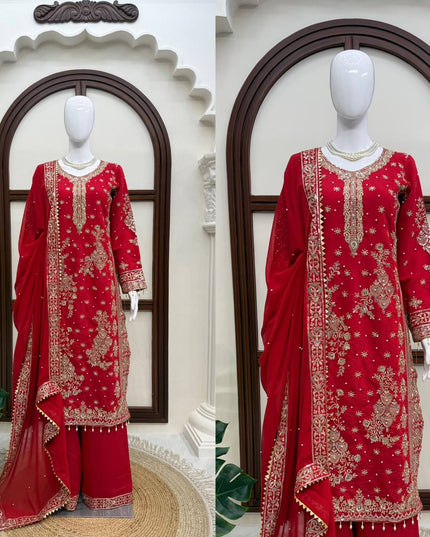 Roman Silk Kurta Palazzo Set | Thread & Sequence Work | Faux Georgette Dupatta - Rosepetals Luxe