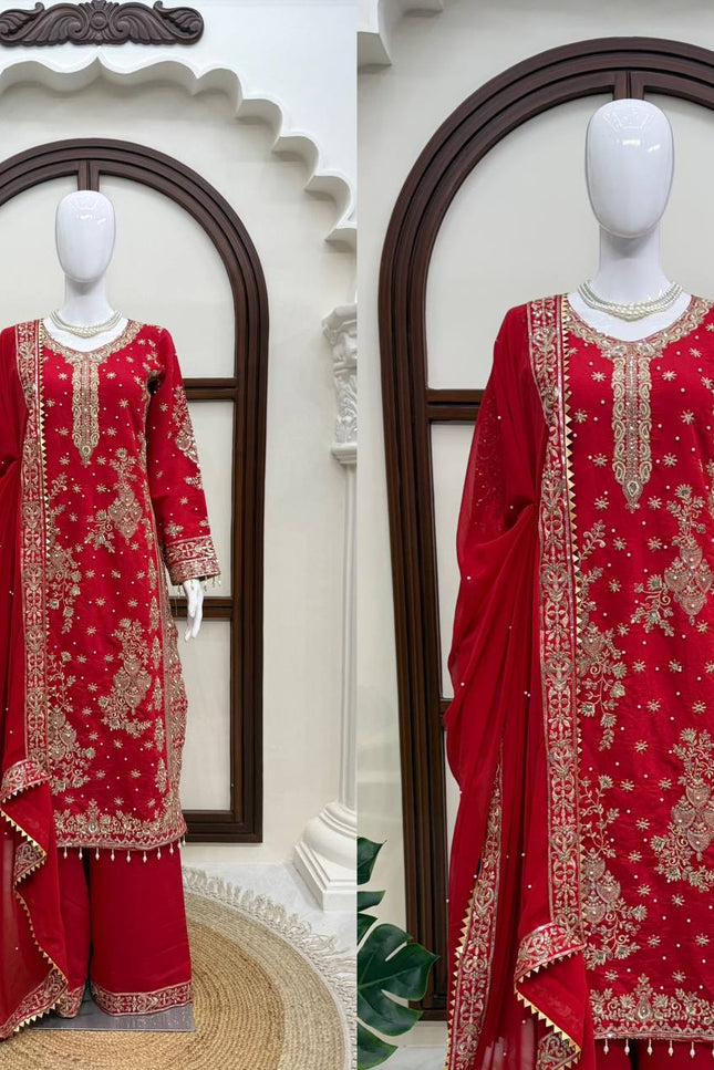 Roman Silk Kurta Palazzo Set | Thread & Sequence Work | Faux Georgette Dupatta - Rosepetals Luxe