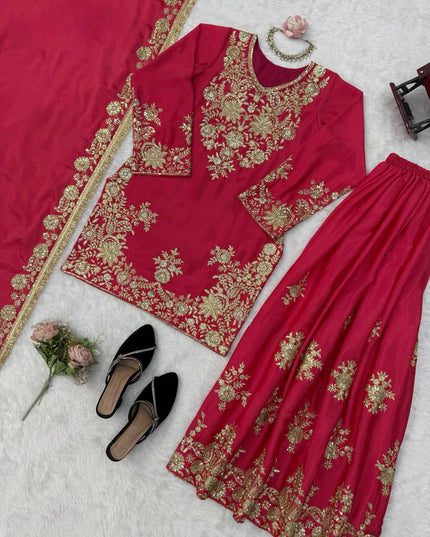 Roman Silk Kurta Palazzo Set | Thread & Sequence Work | Faux Georgette Dupatta - Rosepetals Luxe