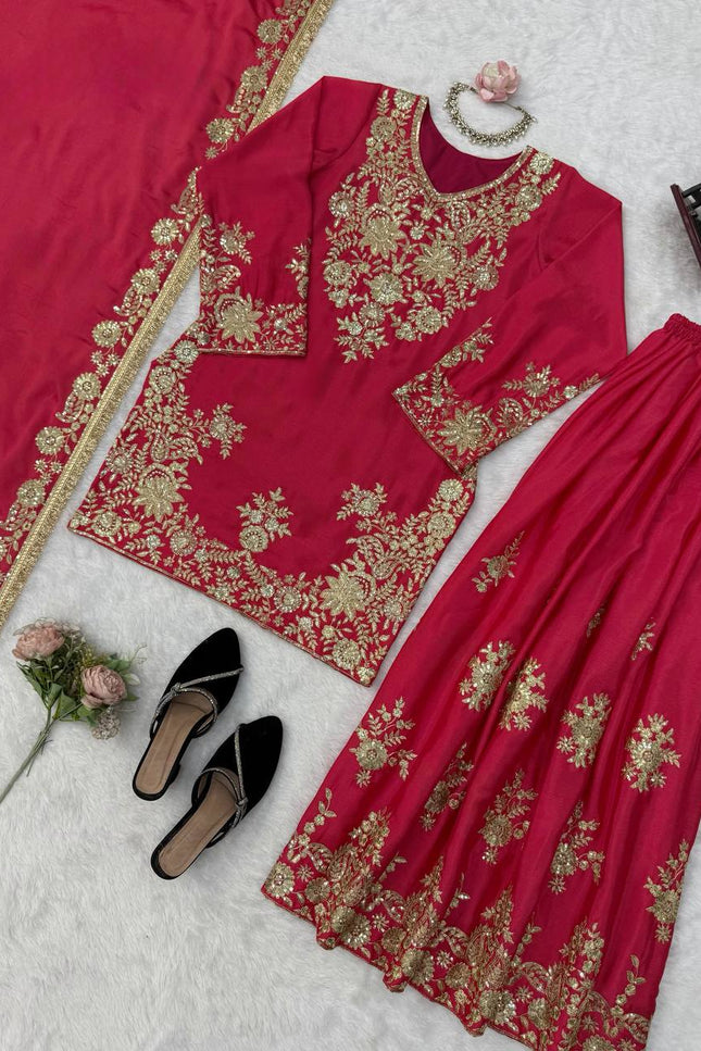 Roman Silk Kurta Palazzo Set | Thread & Sequence Work | Faux Georgette Dupatta - Rosepetals Luxe