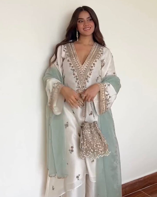Roman Silk Sequins Embroidered Palazzo Suit Set with Organza Dupatta - Rosepetals Luxe