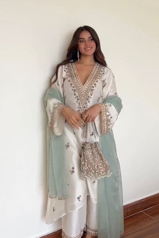 Roman Silk Sequins Embroidered Palazzo Suit Set with Organza Dupatta - Rosepetals Luxe