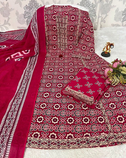 Royal Ajrakh Floral Fusion Cotton Kurti with Palazzo & Dupatta Set | Thread Embroidery | Lace Detail - Rosepetals Luxe