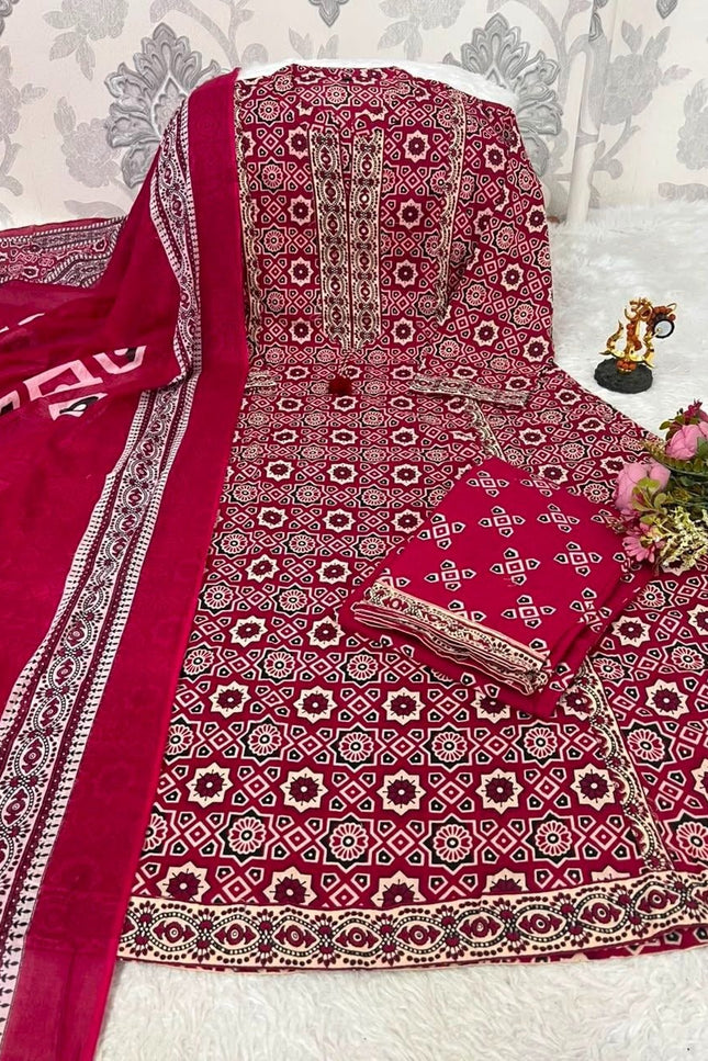 Royal Ajrakh Floral Fusion Cotton Kurti with Palazzo & Dupatta Set | Thread Embroidery | Lace Detail - Rosepetals Luxe