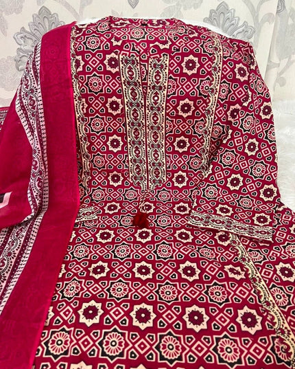 Royal Ajrakh Floral Fusion Cotton Kurti with Palazzo & Dupatta Set | Thread Embroidery | Lace Detail - Rosepetals Luxe