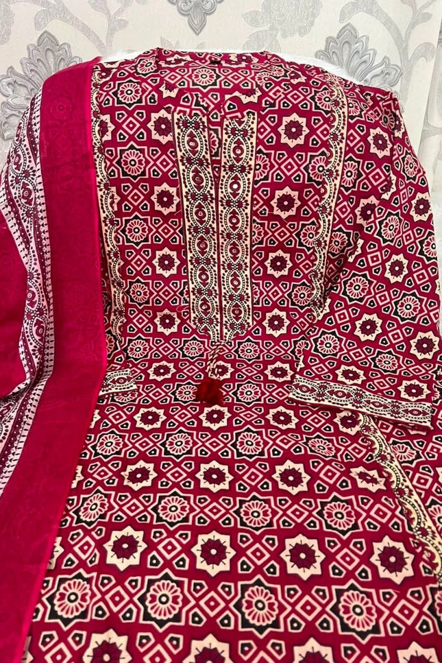 Royal Ajrakh Floral Fusion Cotton Kurti with Palazzo & Dupatta Set | Thread Embroidery | Lace Detail - Rosepetals Luxe