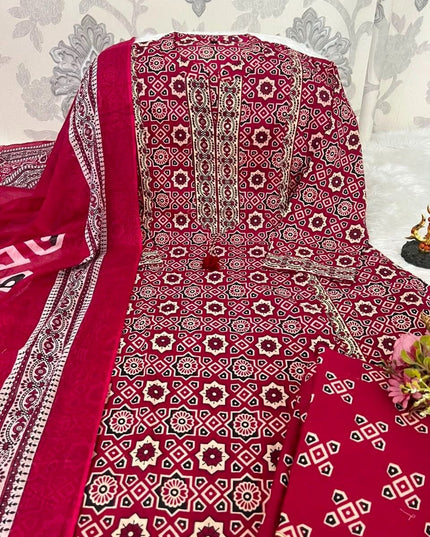 Royal Ajrakh Floral Fusion Cotton Kurti with Palazzo & Dupatta Set | Thread Embroidery | Lace Detail - Rosepetals Luxe