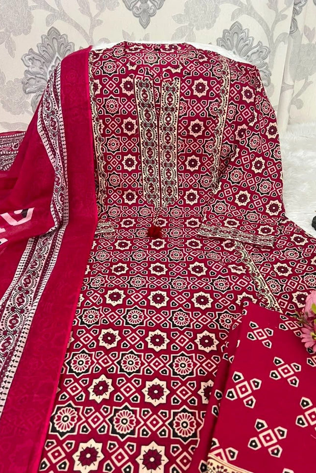 Royal Ajrakh Floral Fusion Cotton Kurti with Palazzo & Dupatta Set | Thread Embroidery | Lace Detail - Rosepetals Luxe