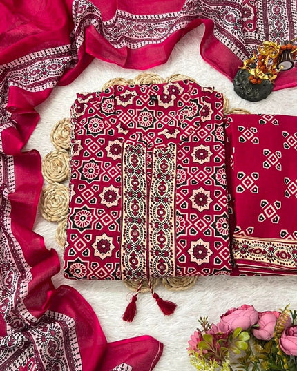 Royal Ajrakh Floral Fusion Cotton Kurti with Palazzo & Dupatta Set | Thread Embroidery | Lace Detail - Rosepetals Luxe