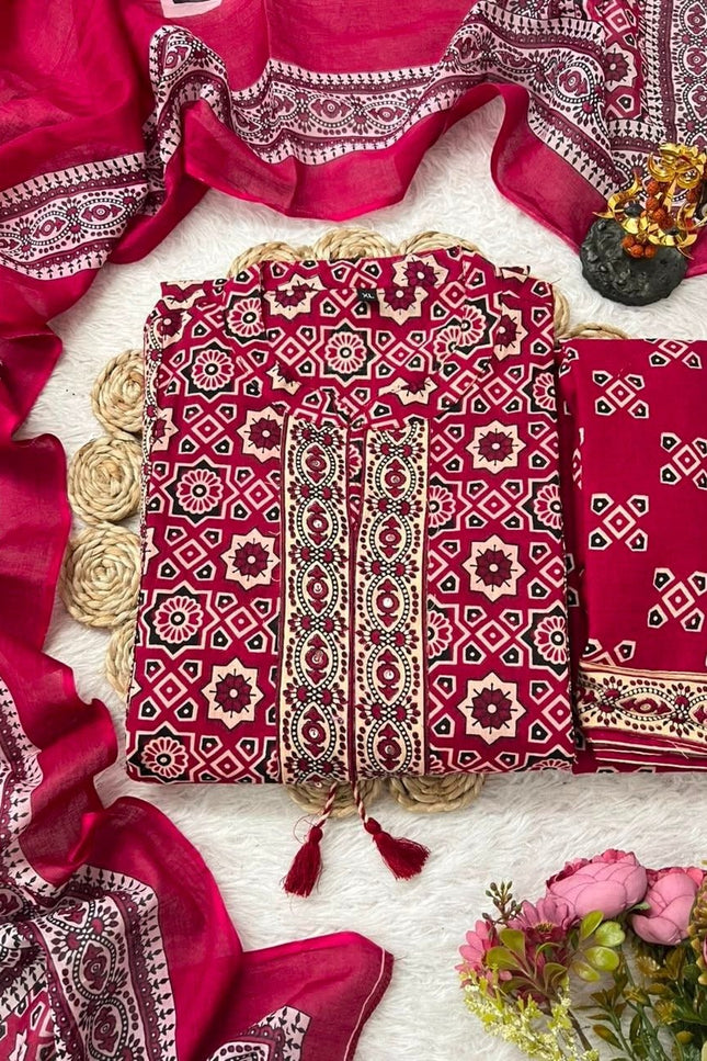 Royal Ajrakh Floral Fusion Cotton Kurti with Palazzo & Dupatta Set | Thread Embroidery | Lace Detail - Rosepetals Luxe