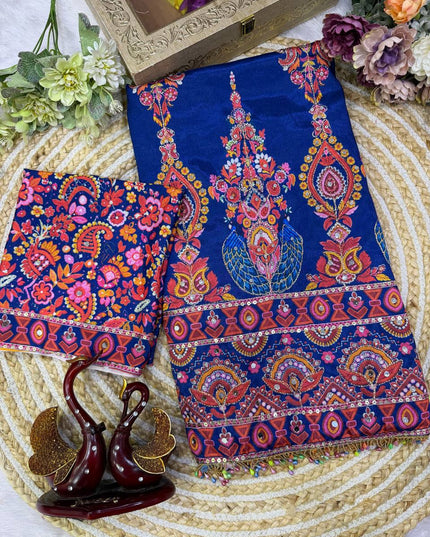 Royal Blue Chinnon Saree with Zari & Mirror Work - Rosepetals Luxe