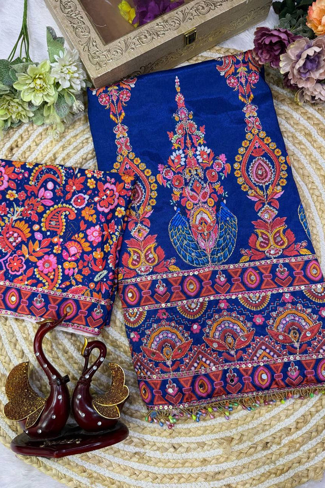 Royal Blue Chinnon Saree with Zari & Mirror Work - Rosepetals Luxe
