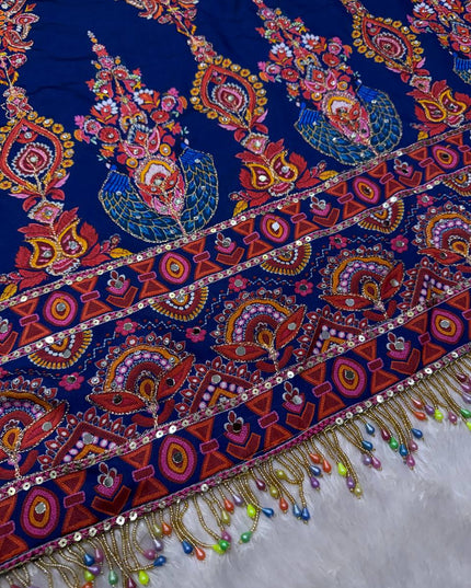Royal Blue Chinnon Saree with Zari & Mirror Work - Rosepetals Luxe