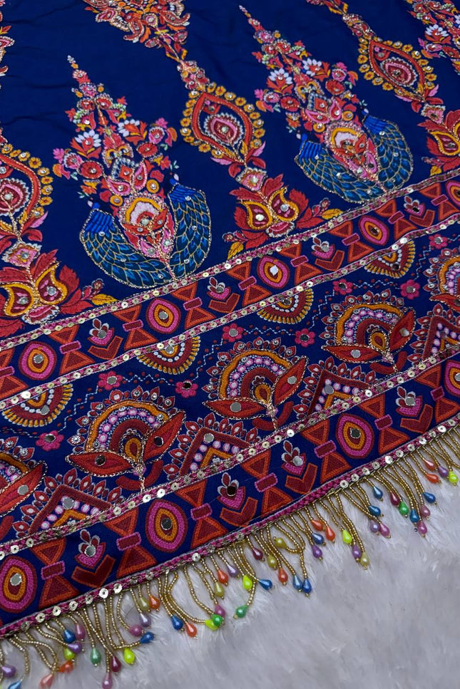 Royal Blue Chinnon Saree with Zari & Mirror Work - Rosepetals Luxe