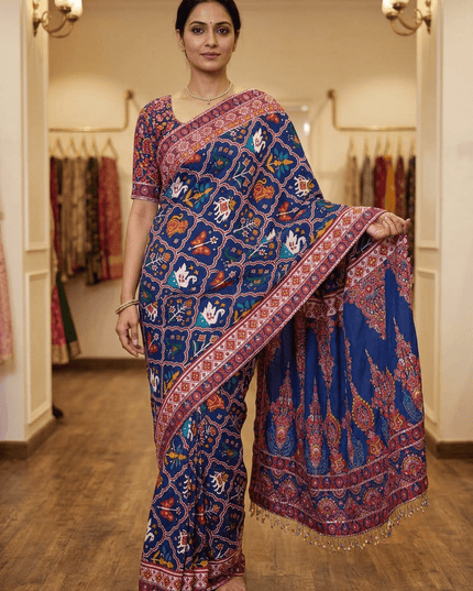 Royal Blue Chinnon Saree with Zari & Mirror Work - Rosepetals Luxe