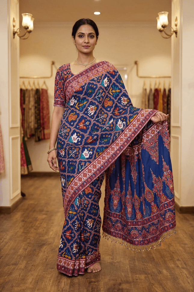 Royal Blue Chinnon Saree with Zari & Mirror Work - Rosepetals Luxe