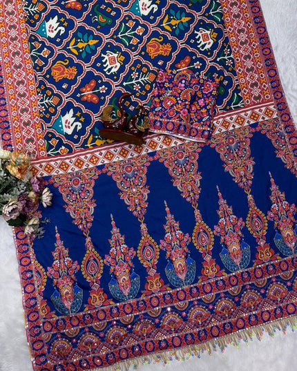 Royal Blue Chinnon Saree with Zari & Mirror Work - Rosepetals Luxe