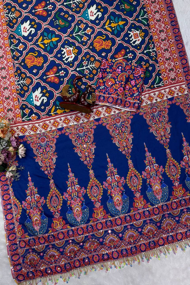 Royal Blue Chinnon Saree with Zari & Mirror Work - Rosepetals Luxe