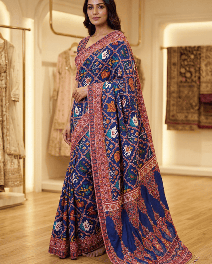 Royal Blue Chinnon Saree with Zari & Mirror Work - Rosepetals Luxe