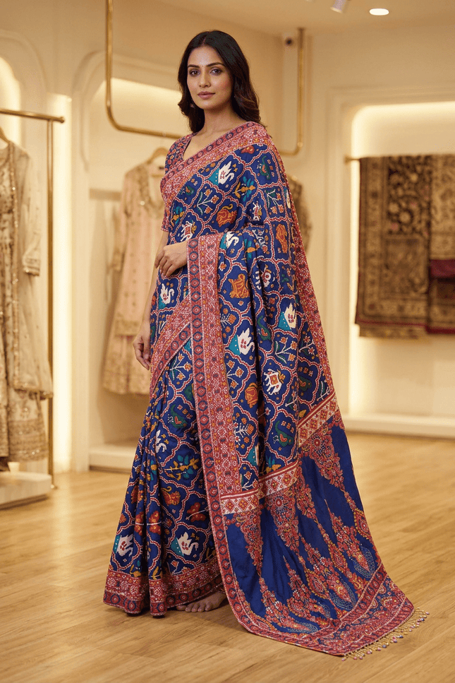 Royal Blue Chinnon Saree with Zari & Mirror Work - Rosepetals Luxe