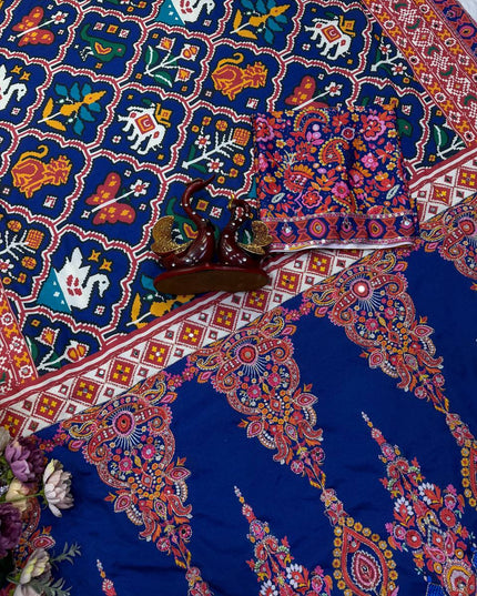 Royal Blue Chinnon Saree with Zari & Mirror Work - Rosepetals Luxe