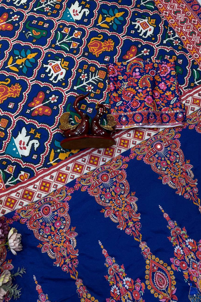 Royal Blue Chinnon Saree with Zari & Mirror Work - Rosepetals Luxe