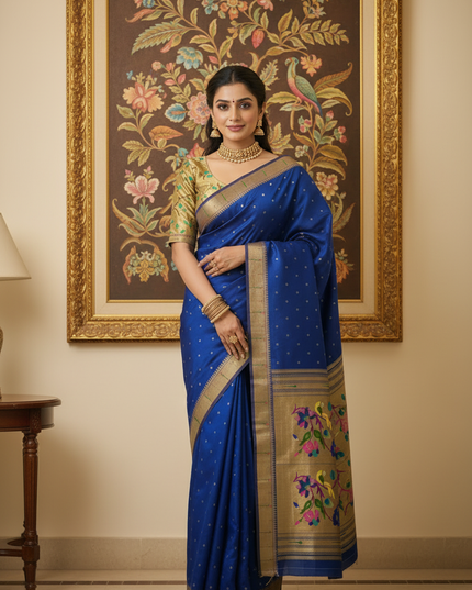 Gauri Muniyaa Paithani Silk Saree | Allover Butti with Meena Zari Blouse - Rosepetals Luxe
