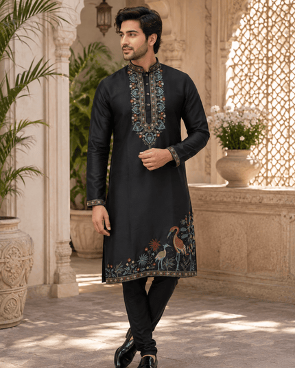 Royal Embroidered Soft Silk Kurta Polo Pant Set for Men | Multi Thread Work | 4 Colours - Rosepetals Luxe