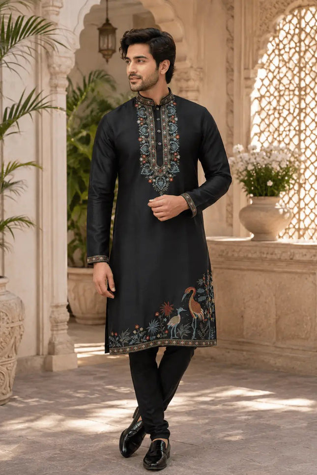 Royal Embroidered Soft Silk Kurta Polo Pant Set for Men | Multi Thread Work | 4 Colours - Rosepetals Luxe