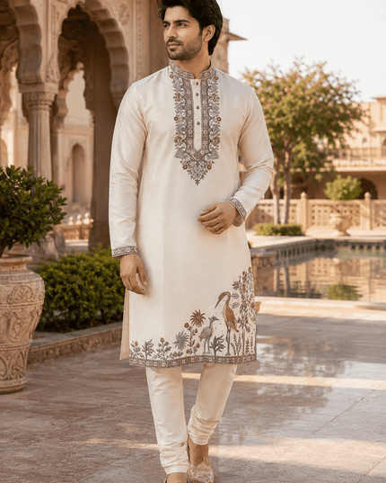 Royal Embroidered Soft Silk Kurta Polo Pant Set for Men | Multi Thread Work | 4 Colours - Rosepetals Luxe