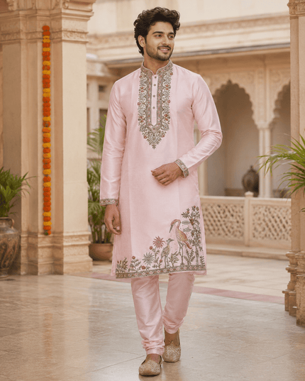 Royal Embroidered Soft Silk Kurta Polo Pant Set for Men | Multi Thread Work | 4 Colours - Rosepetals Luxe